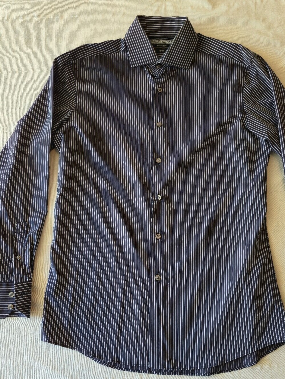 Report Collection Men's Slim Fit Black White Stripe Dress Shirt Medium